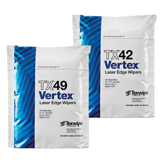 Bag of Texwipe TX49 Vertex Laser Edge Wipers 150/bag 9" X 9" (nominal) 23 cm x 23 cm. Bag of Texwipe TX42 Vertex Laser Edge Wipers 100/Bag 12" X 12" (nominal) 30 cm x 30 cm. Made in USA